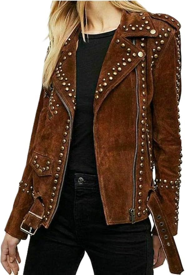 Women's Genuine Suede Leather Western Fashion Studded Jacket Brown Vintage Retro Style Jacket | Amazon (US)