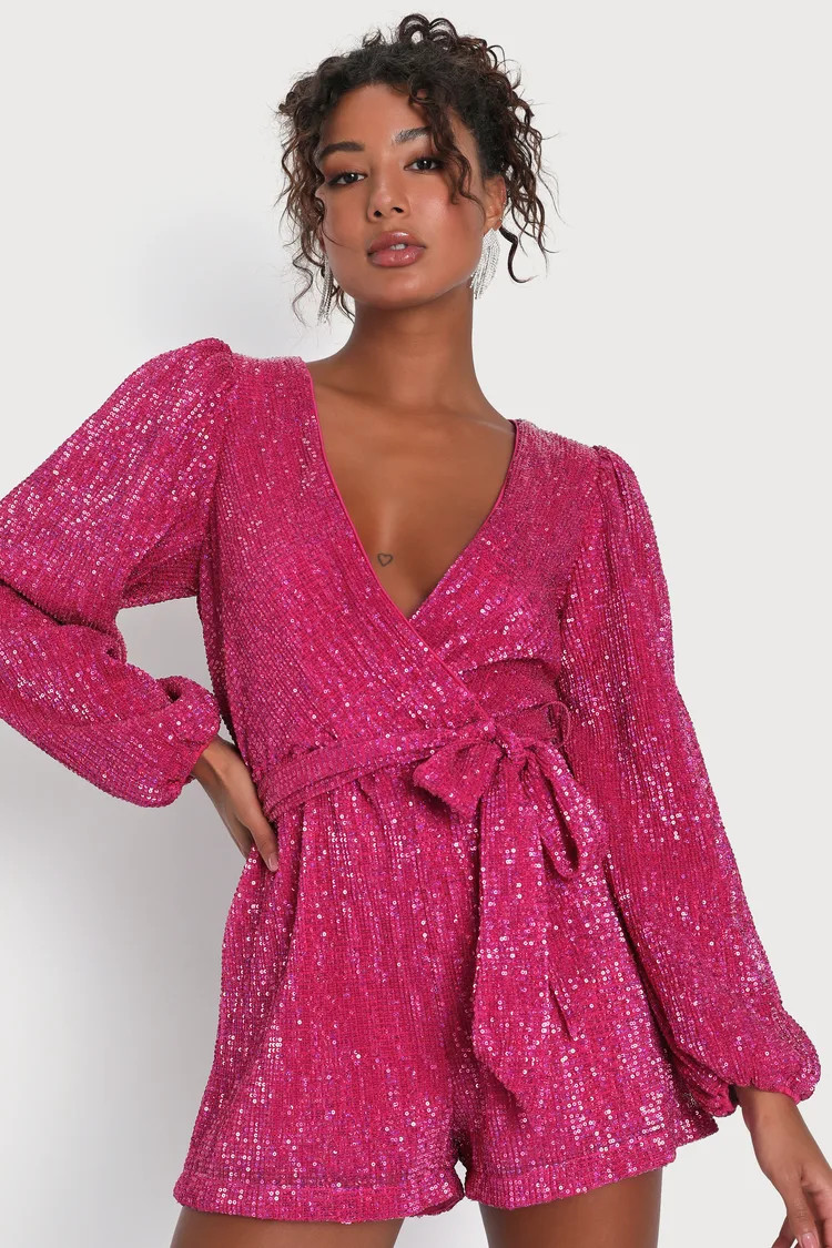 Glamorous Presence Hot Pink Sequin Long Sleeve Surplice Romper | Lulus