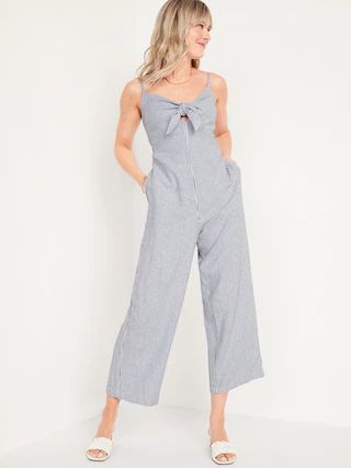 Striped Smocked Cropped Knotted Linen-Blend Cami Jumpsuit for Women | Old Navy (US)