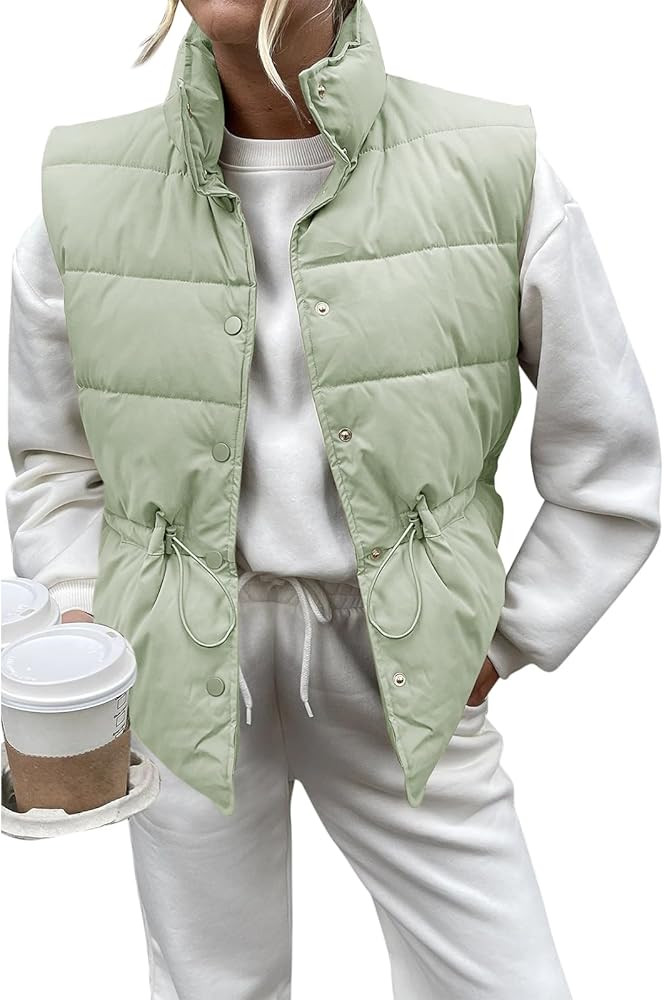 Saodimallsu Womens Puffer Vest Stand Collar Button Down Padded Jacket with Drawstring Waist | Amazon (US)