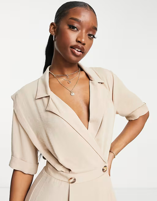 ASOS DESIGN wrap tux midi dress with shoulder pads in stone | ASOS (Global)