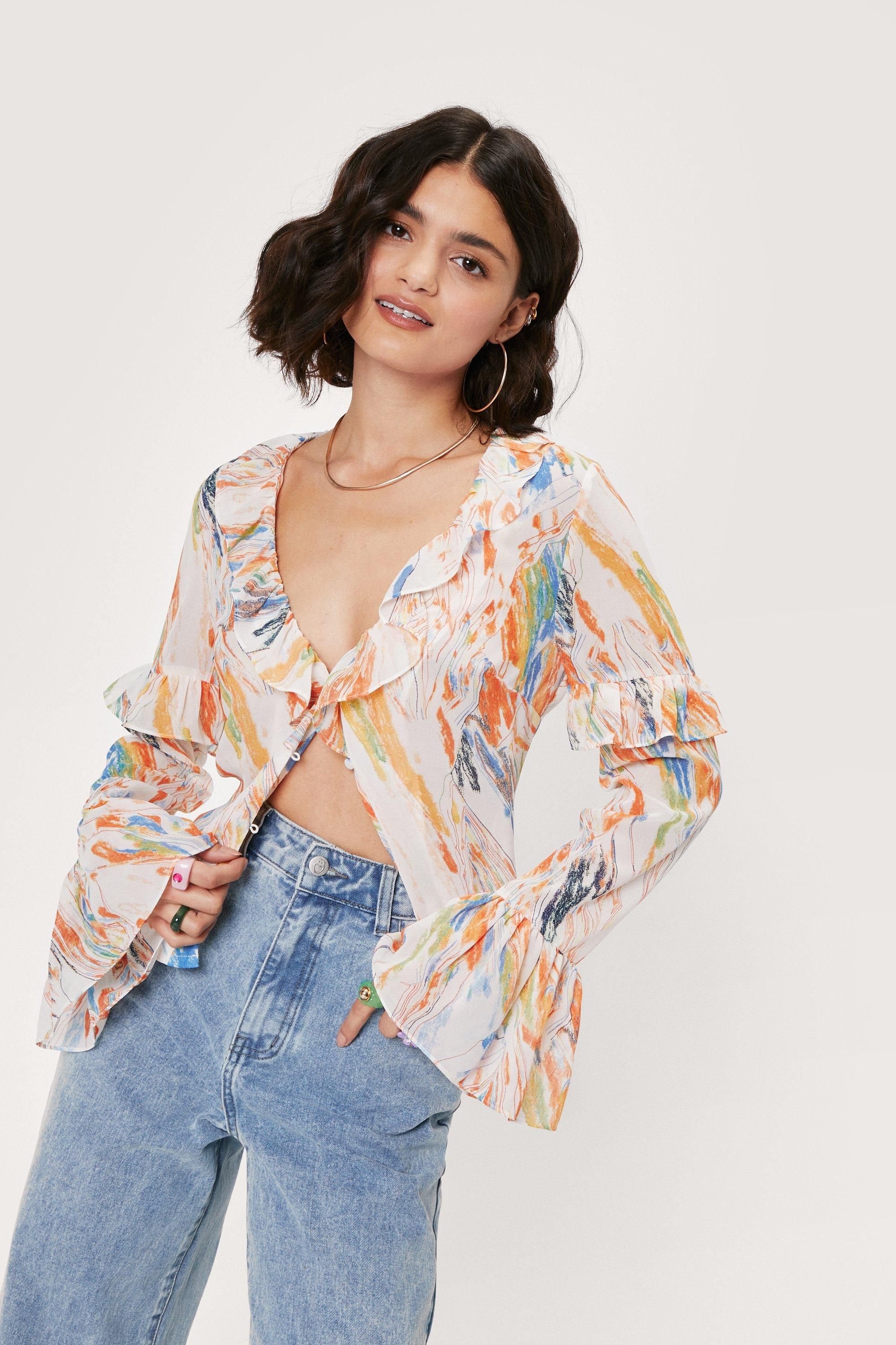 Abstract Print V Neck Ruffle Detail Blouse | NastyGal (UK, IE)