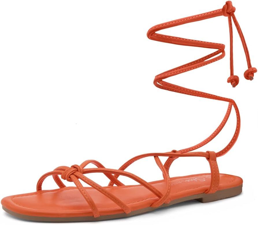 Shoe Land Flashh Women's Lace Up Flat Sandals Square Open Toe Strappy Crisscross Summer Slides | Amazon (US)