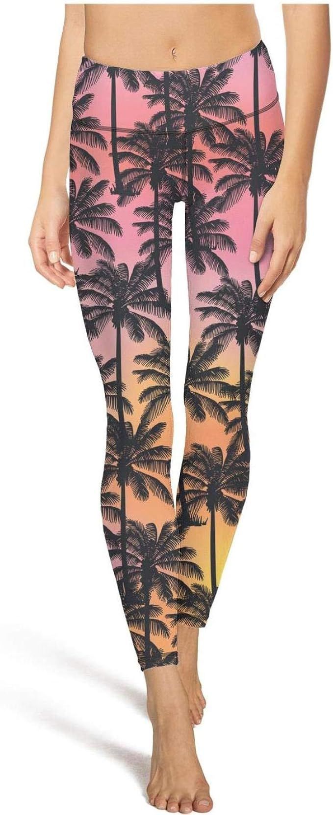 PLOKINC Cute Yoga Pants for Womens Printed Yoga Black Palm Tree Plants High Waist Workout Tights | Amazon (US)