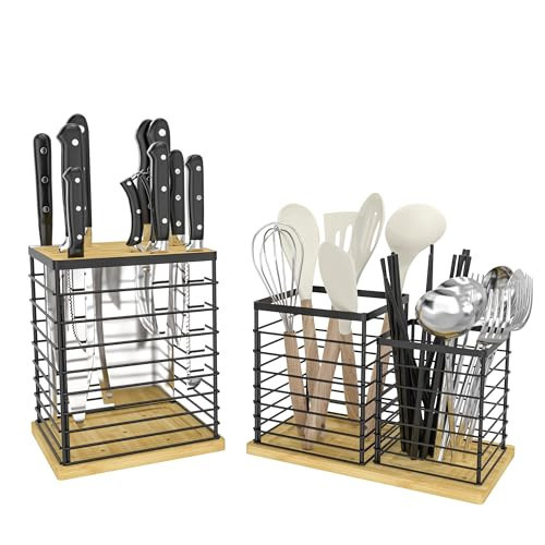 Kitchen Utensil Holder Knife Block Set, Extra Large Storage Countertop Knife Holder, Universal Black Metal Holder with Bamboo Base, Rustic Cooking Utensil Organizer Crock 3 Compartments | Amazon (US)