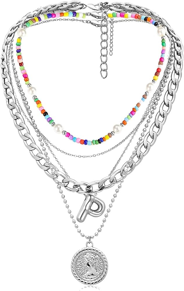 MJartoria Layered Necklaces for Women Trendy Balloon Initial Pendant Necklace Dainty Chunky Chain... | Amazon (US)