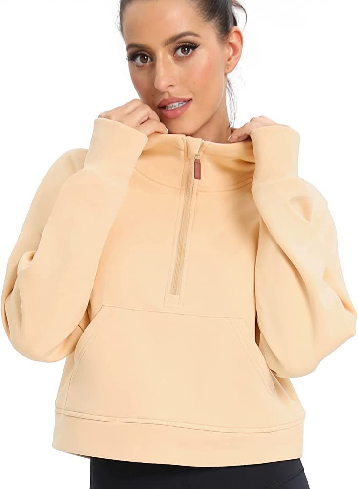 POGTMM Women's Crop Hoodies Half Zip Pullover Workout Long Sleeve Fleece Lined Hooded Sweatshirt ... | Amazon (US)