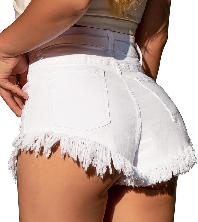 GOBLES Women's Summer Casual Mid Waist Ripped Raw Hem Stretchy Denim Shorts with Pockets | Amazon (US)