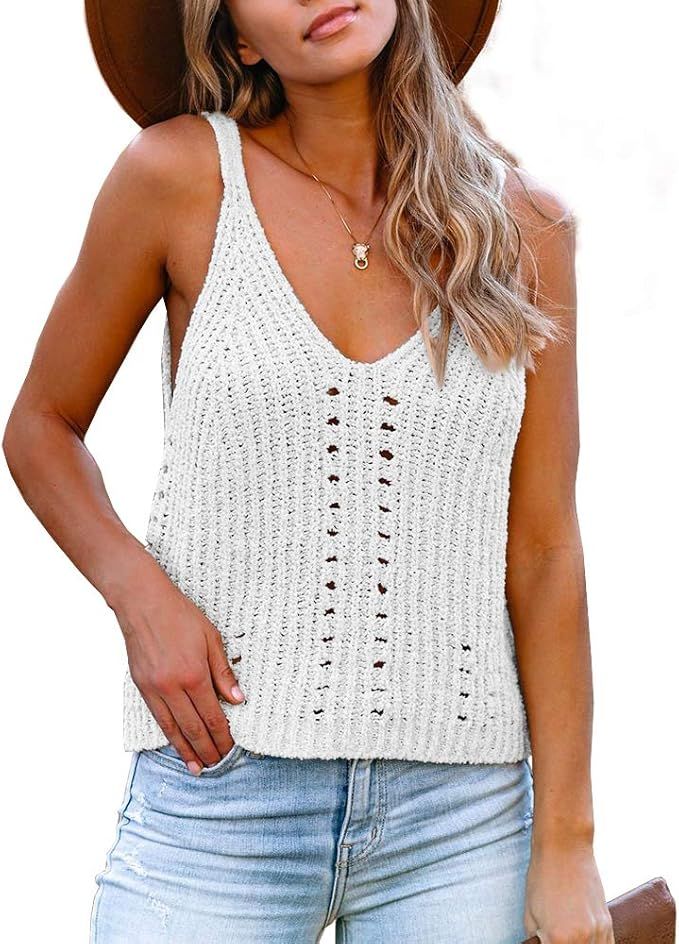 Flawerwumen Womens V Neck Tank Tops Sweater Vest Knit Sleeveless Strappy Casual Sheer Pullover Sw... | Amazon (US)