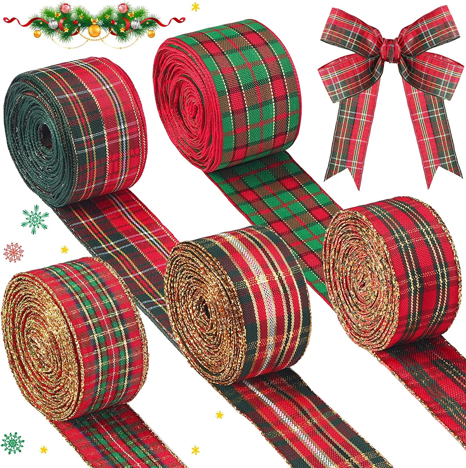 5 Rolls 30 Yards Christmas Red Plaid Ribbon Gingham Ribbon Check Wired Edge Wrapping Ribbon Tarta... | Walmart (US)