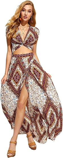 Floerns Women's 2 Piece Boho Twist Front Top and High Split Maxi Skirt Set | Amazon (US)
