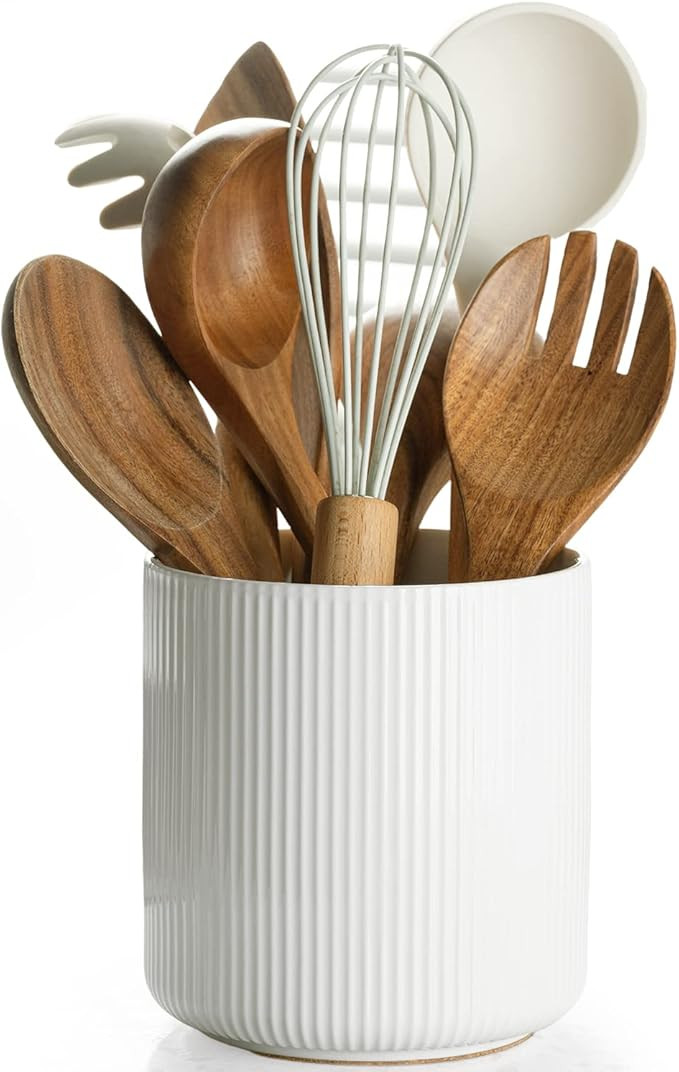 getstar Small Ceramic Utensil Holder with Cork Mat for Counter (H5.6' x W5.2'), Kitchen Decor (Wh... | Amazon (US)