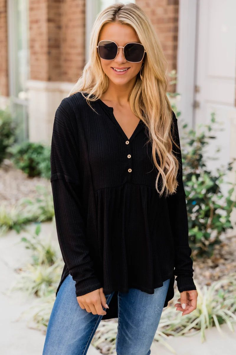 Beautiful Things Waffle Knit Black Blouse | The Pink Lily Boutique