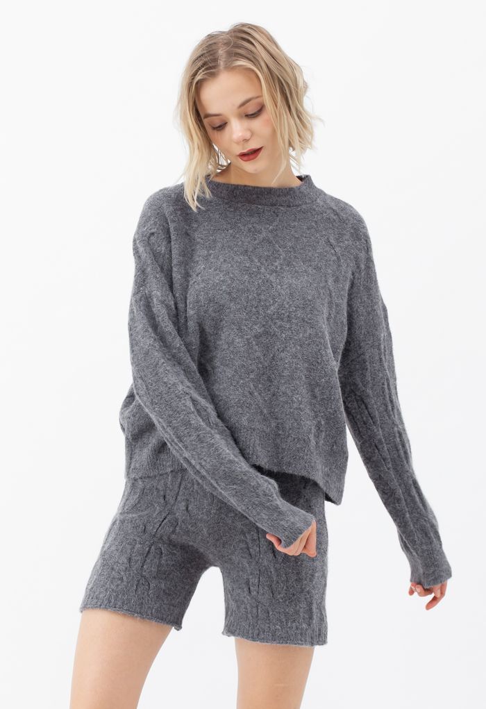 Cable Knit Sweater and Shorts Set in Grey | Chicwish