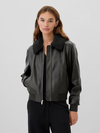 Vegan-Leather Sherpa Bomber Jacket | Gap Factory