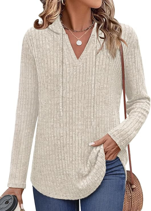 Lylinan Womens Long Sleeve Knit Hoodies V Neck Pullover Tops Ribbed Sweaters Fall Fashion Clothes... | Amazon (US)