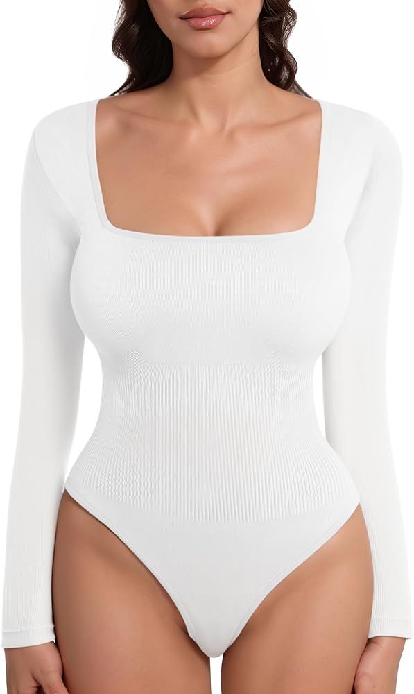 MANGOPOP Shapewear for Women Square Neck Long Sleeve Tummy Control Thong Bodysuit top | Amazon (US)