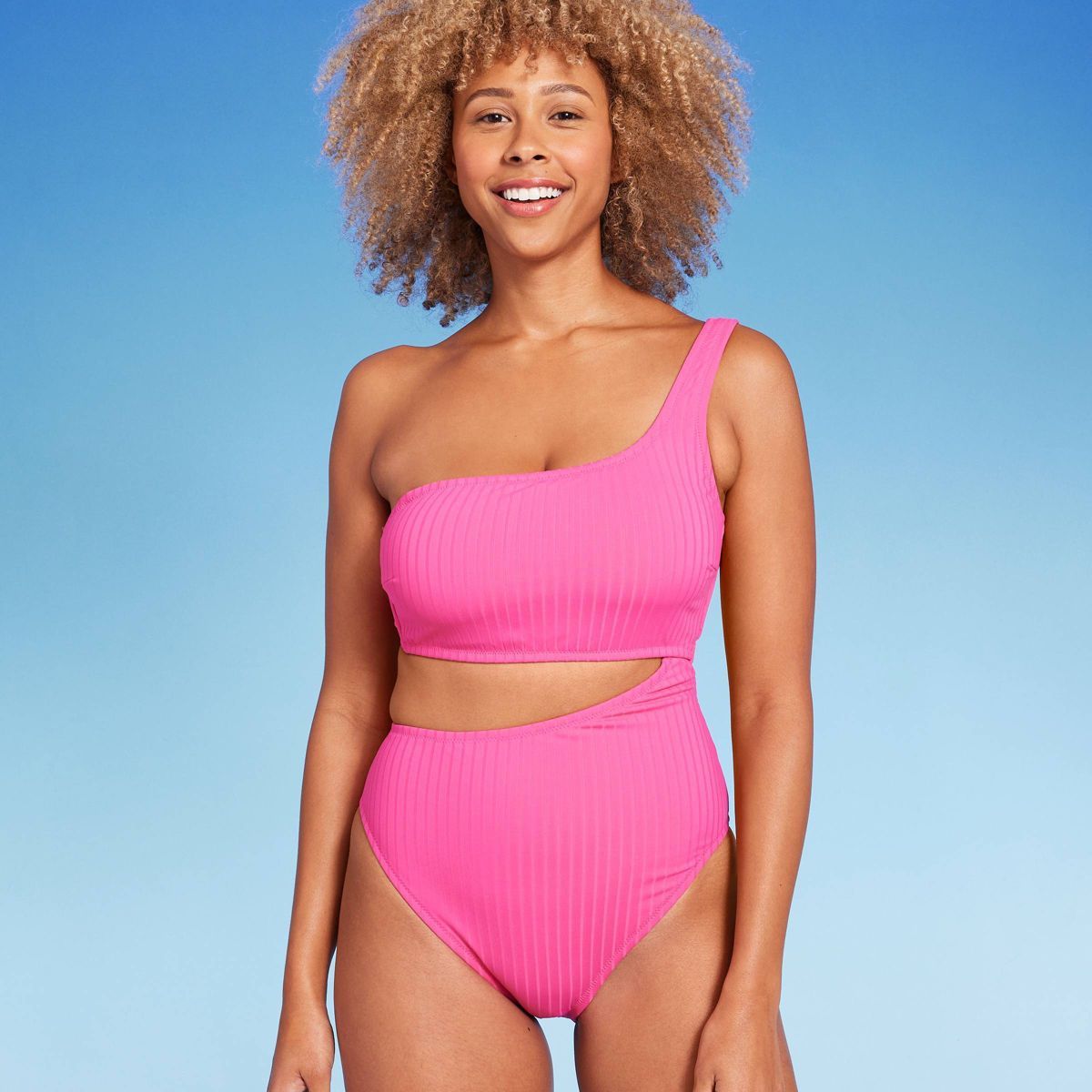 Women's Ribbed One Shoulder Cut Out One Piece Swimsuit - Shade & Shore™ Hot Pink M: Asymmetrica... | Target