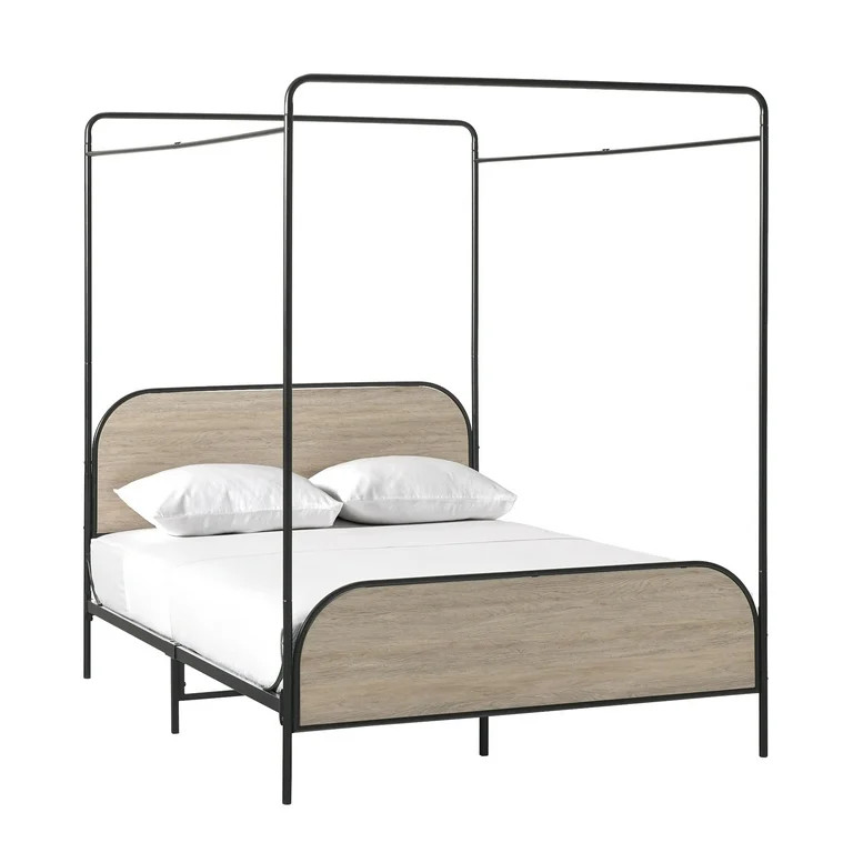 Walker Edison Industrial Bent Mid-Century Metal Queen Size Canopy Bed in Smoked Oak | Walmart (US)