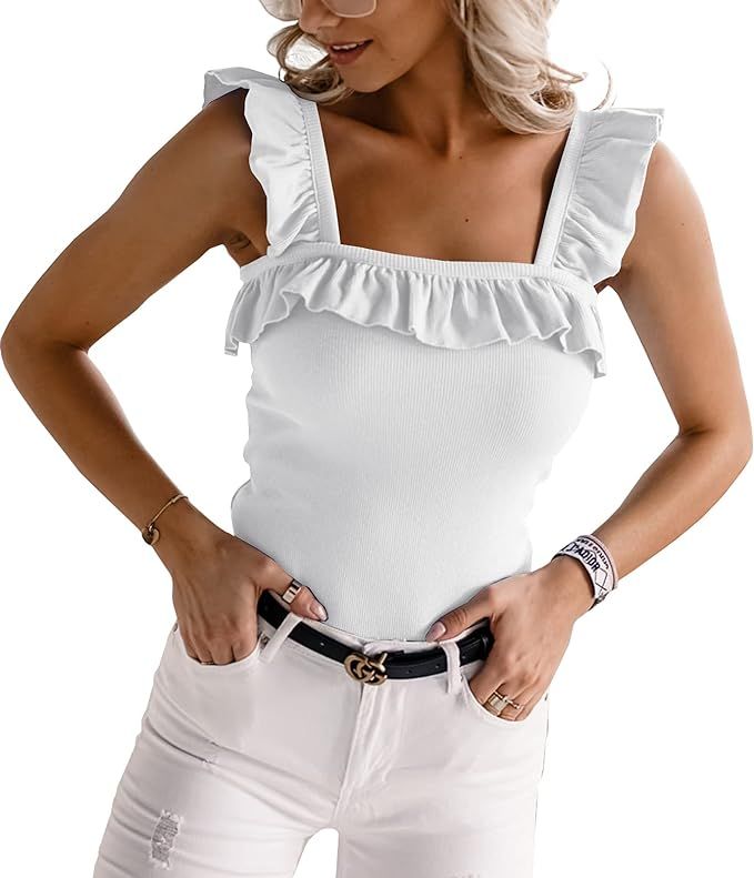 Womens Cute Sleeveless Tank Tops Ruffle Strap Square Neck Blouse Solid Color Knitted Camisole | Amazon (US)