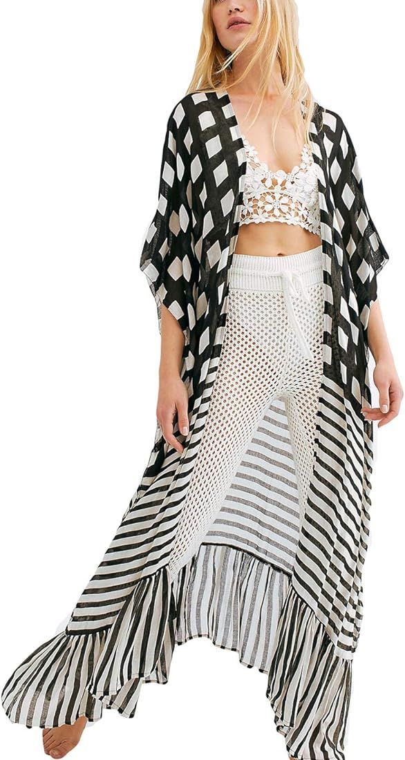 Eddoyee Stripe Print Beach Long Kimono Cardigans for Women Half Sleeve Open Front Swimsuit Cover ... | Amazon (US)