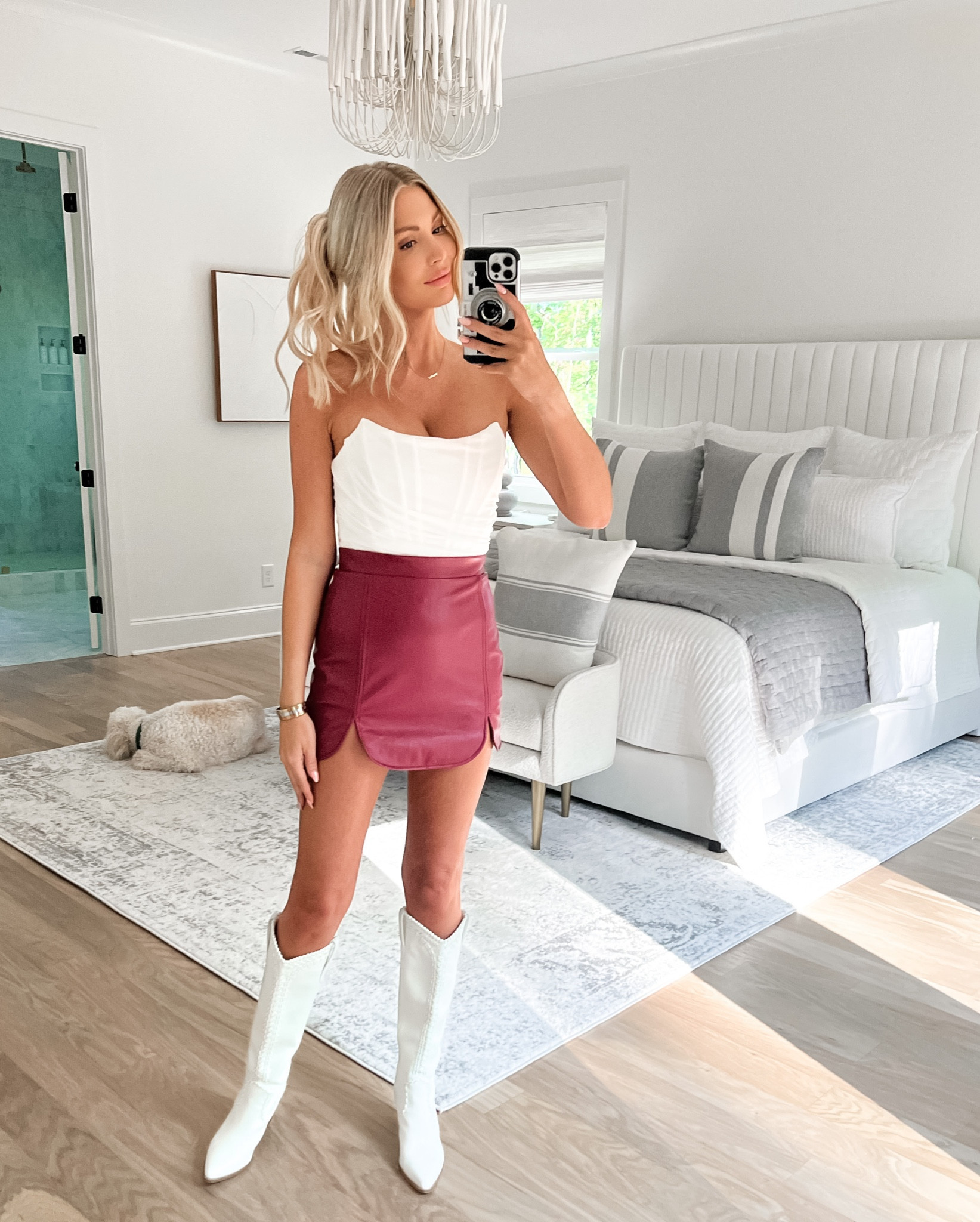 Gameday outfit football Bama fsu fall cowboy boots mini skirt leather skirt buddy love Amazon top 