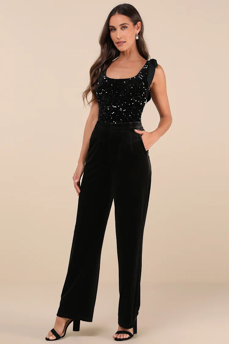 Adept Allure Black Velvet Sequin Tie-Strap Bodysuit | Lulus