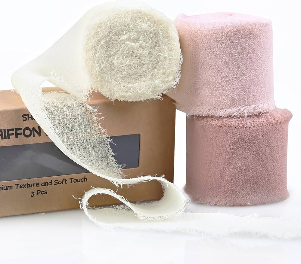 3 Rolls Cream Pink Handmade Fringe Chiffon Ribbon 1.5 Inch x 7 Yard Silk-Like Colorful Rustic Rib... | Amazon (US)