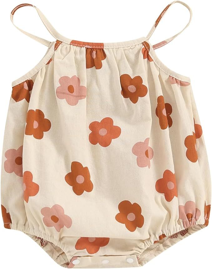 Newborn Baby Girl Summer Clothes Cotton Linen Sleeveless Bubble Romper Cherry Onesie Infant Boho ... | Amazon (US)