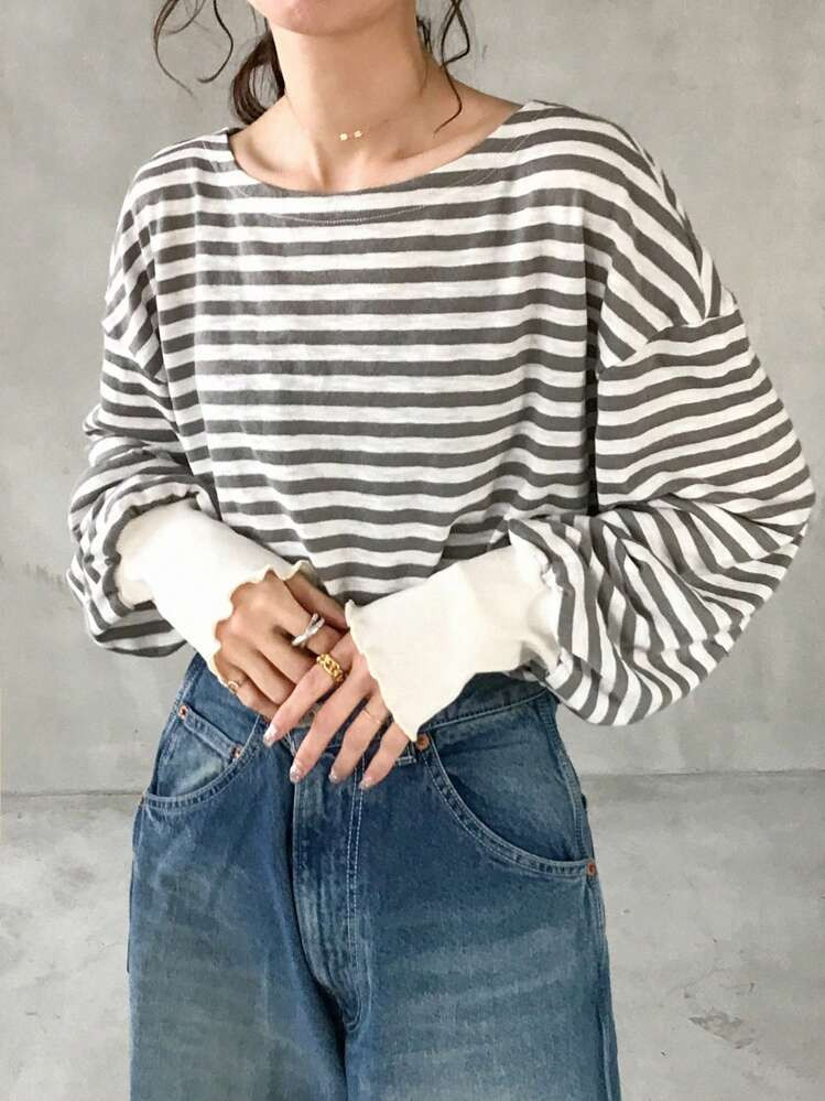 FRIFUL Women's Black & White Striped Loose Fit Long Sleeve T-Shirt, Spring Clothing | SHEIN