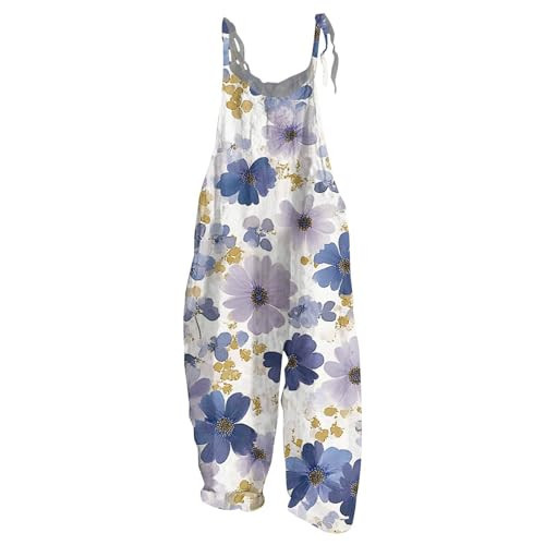 Womens Overalls Summer Plus Size Jumpsuit Baggy Loose Fit Linen Overalls Comfy Wide Leg Jumpsuits Gardening Boho Floral Patterned Romper Retro Hippie Flower Printed Jumpers C-Light Purple Small | Amazon (US)