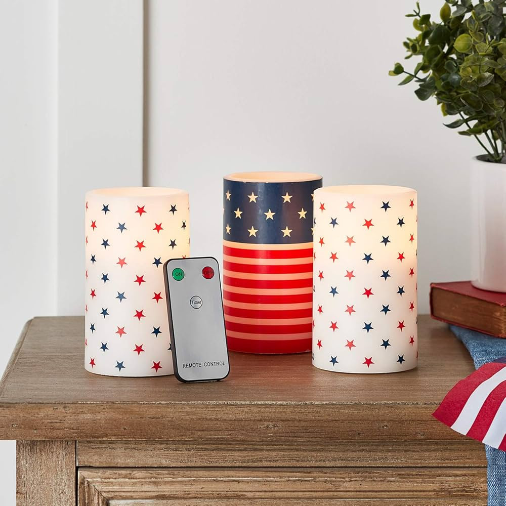 Lights4fun, Inc. Set of 3 Patriotic American Flag Flameless LED Battery Operated Pillar Candles w... | Amazon (US)