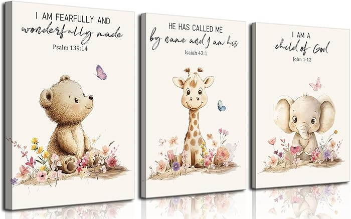3Pcs Nursery Animal Bible Verse Canvas Wall Art Cute Bear Elephant Giraffe Wall Decor Pictures Ch... | Amazon (US)