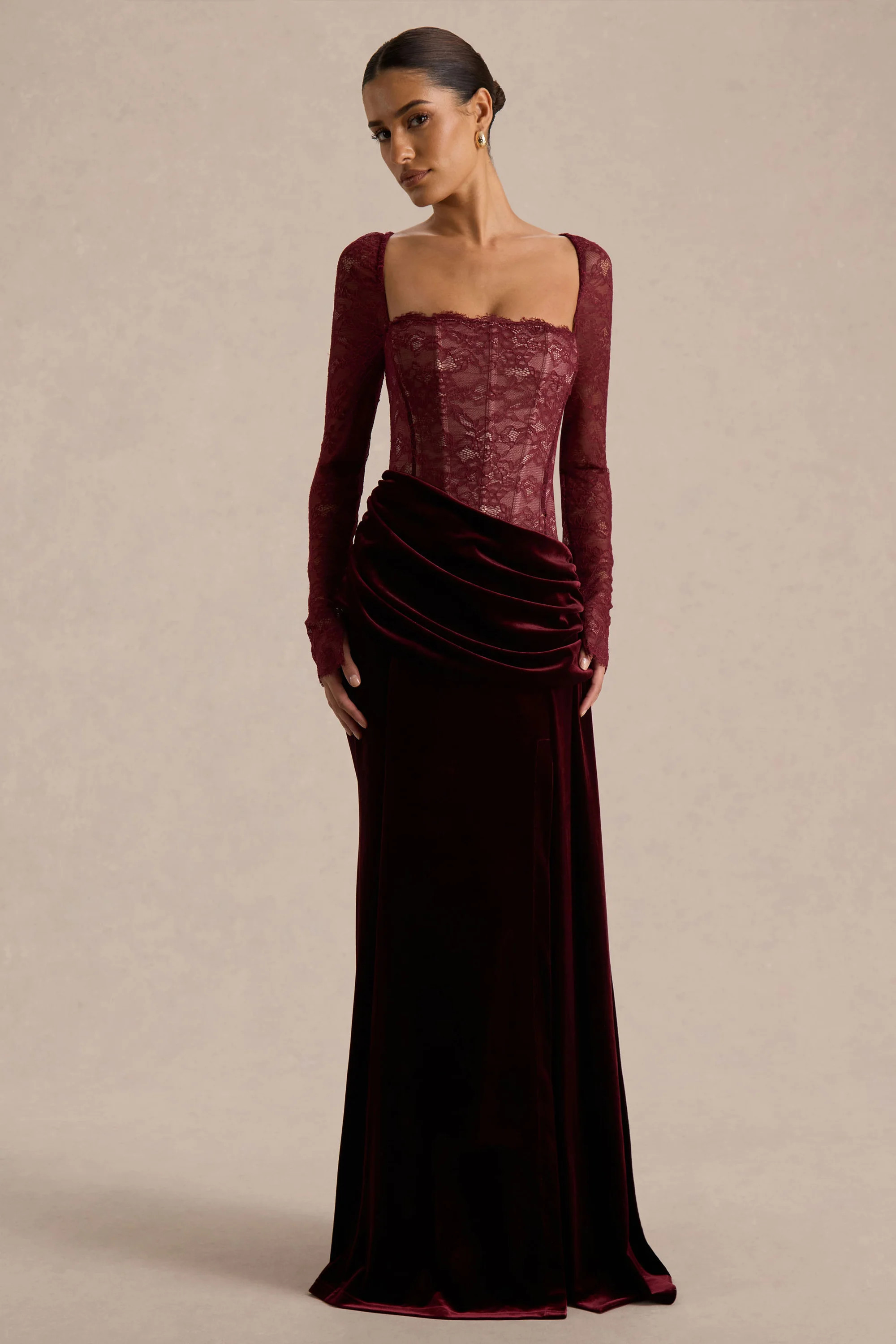 Finesse | Burgundy Lace And Velvet Square-Neck Maxi Dress With Draped Skirt | Club L London