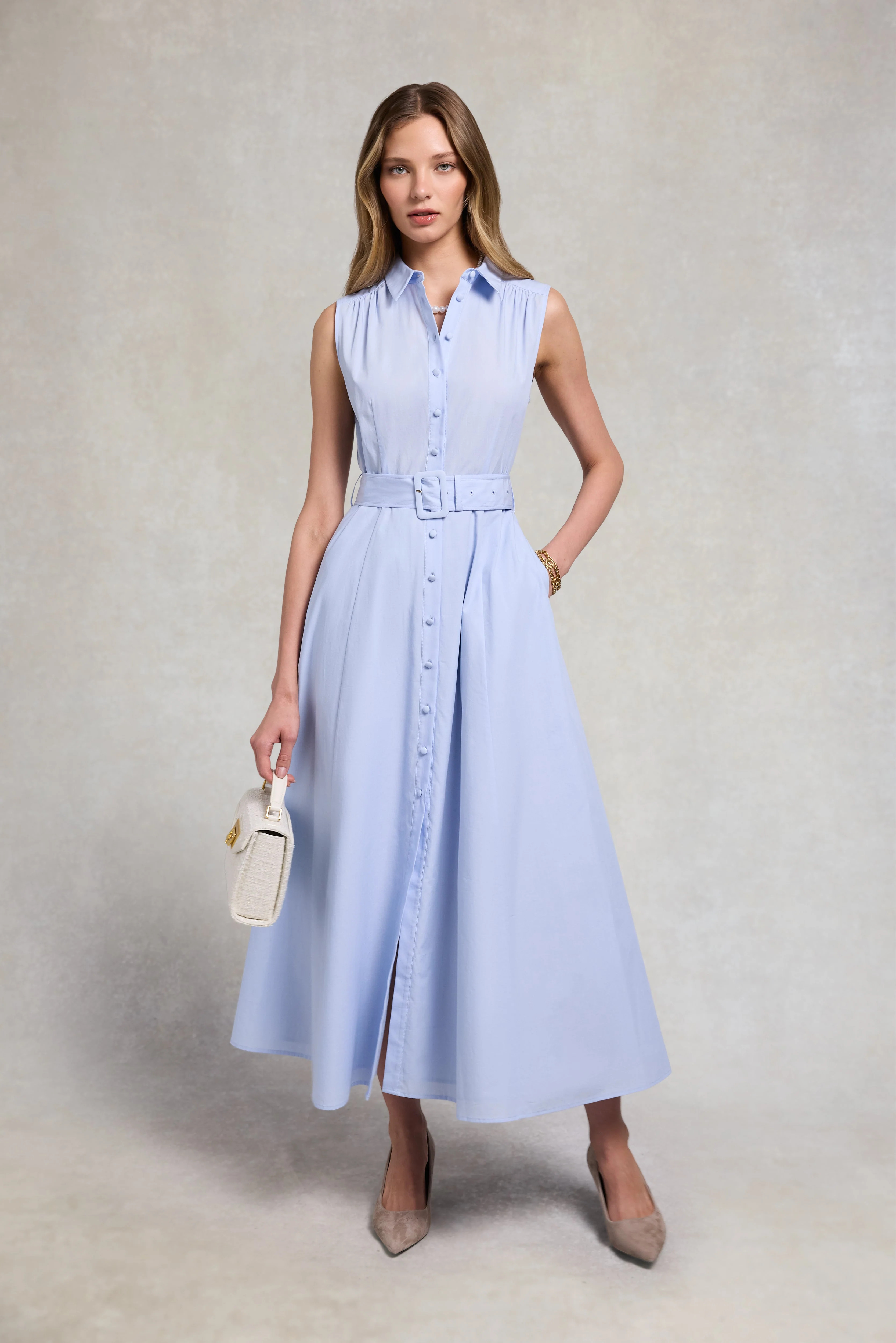 Aimee Sleeveless Dress (Light Blue Chambray) | Holland Cooper