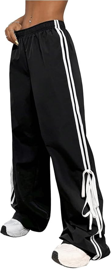 Verdusa Women's Loose Wide Leg Pants Tie Side Striped Elastic Waist Trousers | Amazon (US)
