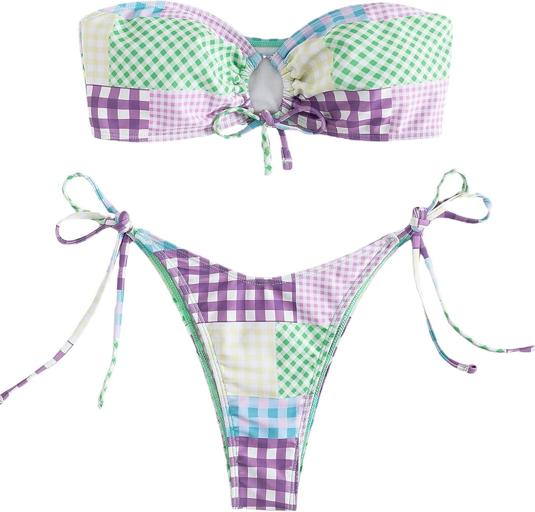 MakeMeChic Women's 2 Pieces Bandeau Swimsuits Tie Front High Cut Bikini Bathing Suit | Amazon (US)