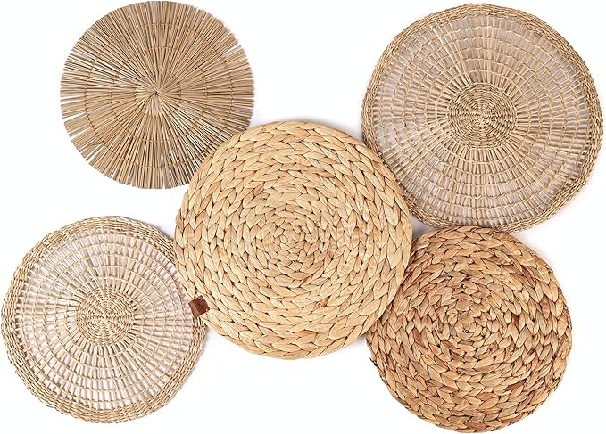 Wall Basket Decor Boho Flat, Set of 5 Hanging Woven Basket Wall Decor (11" - 13"), Round Seagrass... | Amazon (US)