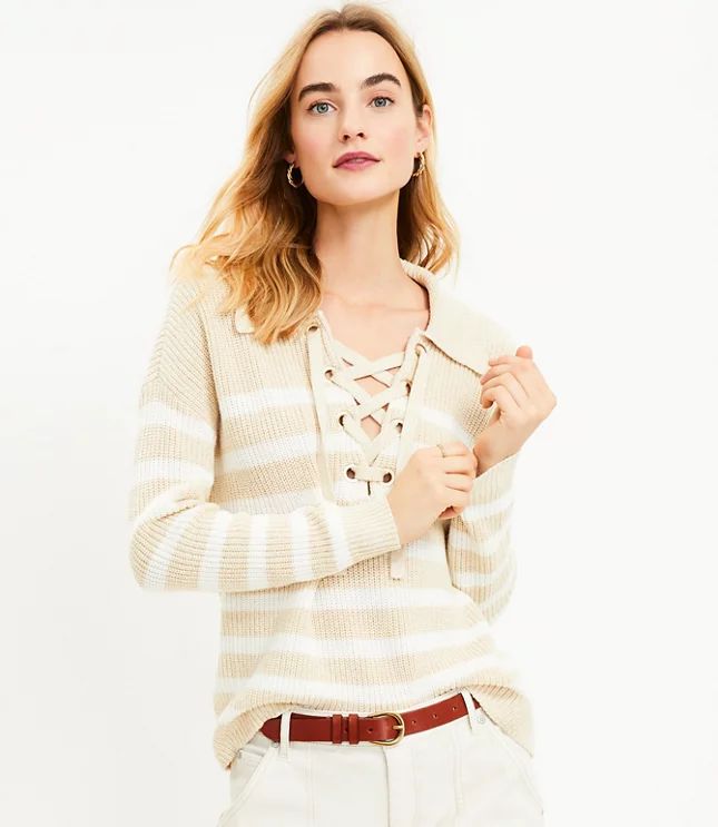 Striped Lace Up Polo Sweater | LOFT