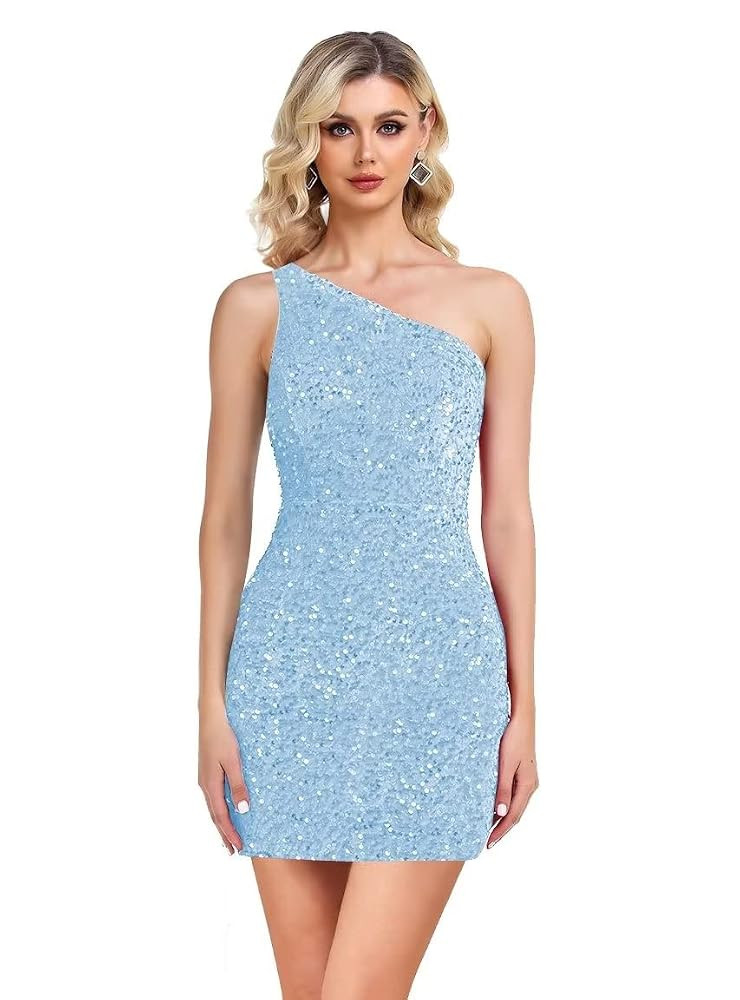 One Shoulder Sequin Homecoming Dress Tight Short Prom Dress Sparkly Backless Cocktail Mini Dress ... | Amazon (US)