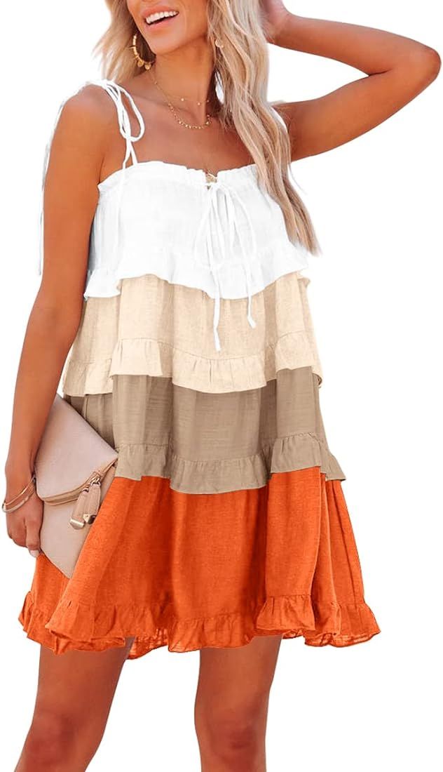 thefabland Women's Color Block Tiered Summer Dresses Adjustable Spaghetti Strap Flowy Dress Beach... | Amazon (US)