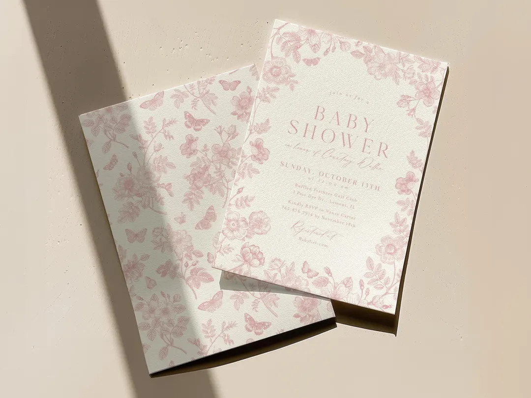 Pink Chinoiserie Baby Shower Invitation: Vintage Floral Toile (Editable Template) | Etsy (US)