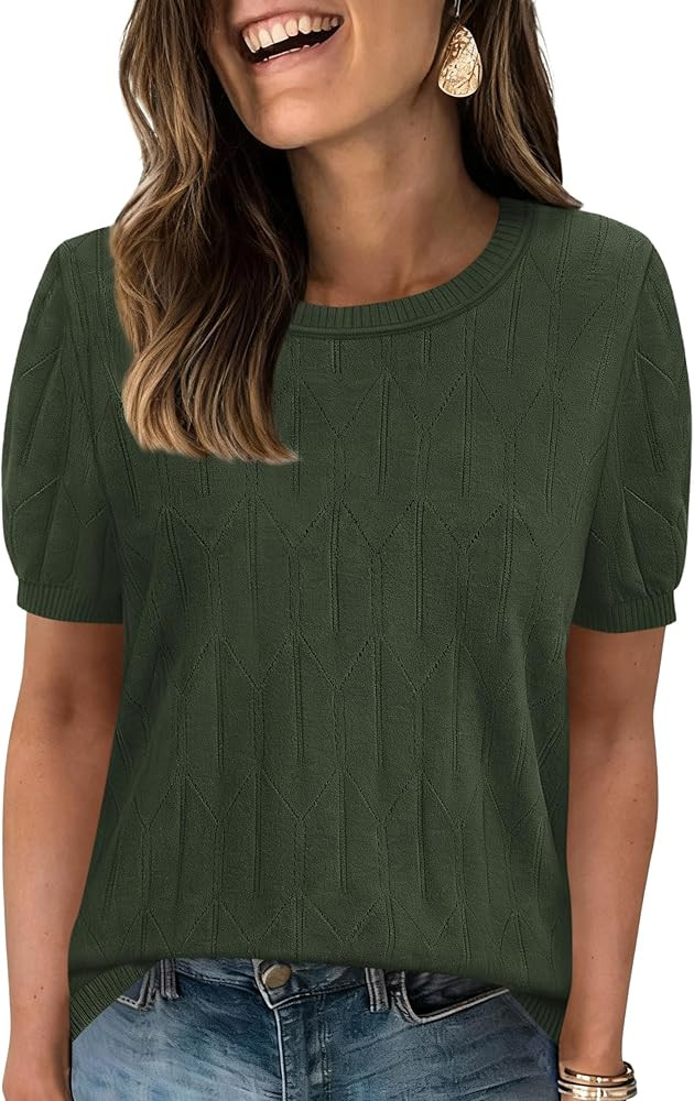 PRETTYGARDEN Women's 2026 Spring Short Sleeve Sweater Knit Going Out Tops Work Shirts Trendy Summer Business Casual Outfits (Army Green,Small) at Amazon Women\u2019s Clothing store | Amazon (US)
