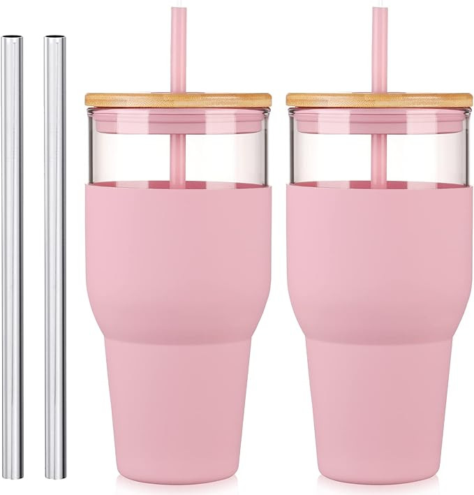 kytffu 32oz Glass Tumbler with Straw and Lid, Reusable Boba Smoothie Cup Iced Coffee Tumbler with... | Amazon (US)