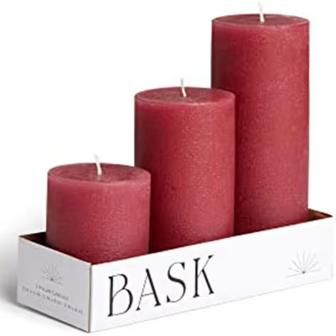 BASK Mottled Pillar Candles - Unscented Burgundy Candles Set of 3 - Dripless, Smokeless for All O... | Amazon (US)