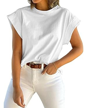 Tankaneo Womens Summer Cap Sleeve Tank Top Crew Neck Solid Casual Loose Fit Basic Tee Shirt | Amazon (US)
