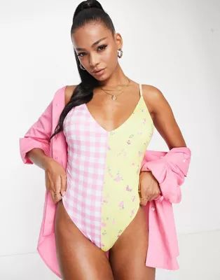 ASOS DESIGN spliced swimsuit in mixed floral and gingham print | ASOS (Global)