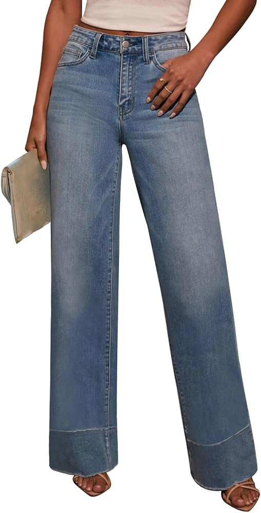 KUNMI Jeans for Women Wide Leg Baggy High Waist Boyfriends Straight Leg Stretchy Denim Pants Tren... | Amazon (US)