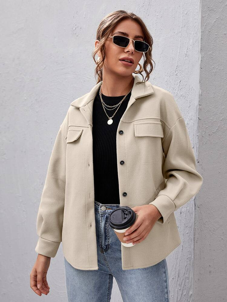 Button Front Drop Shoulder Solid Coat | SHEIN