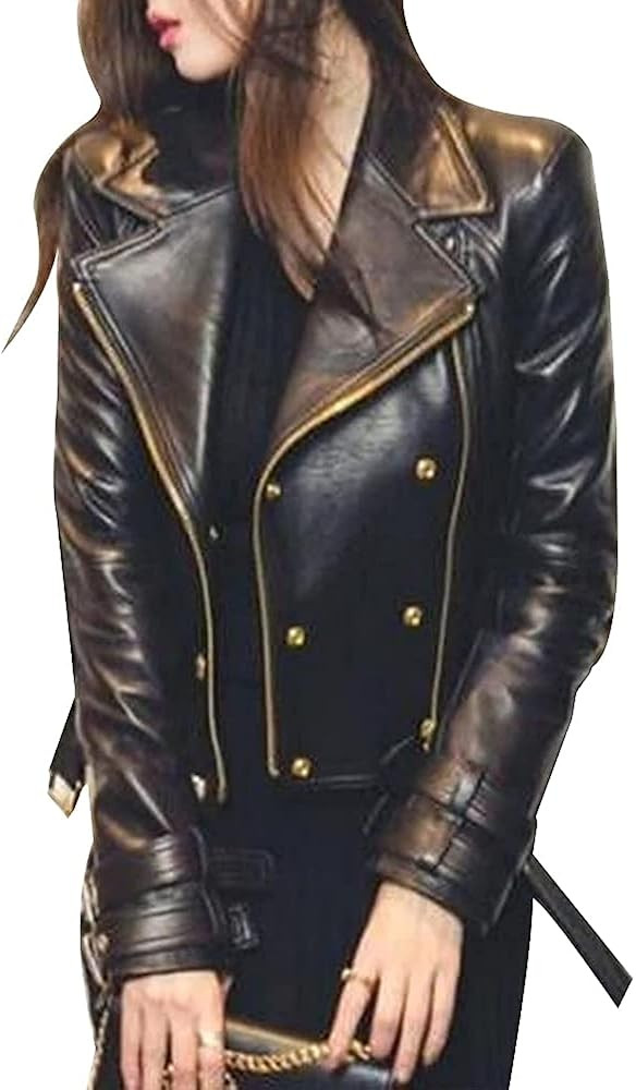 Womens Brando Motorcycle Leather Jacket Ladies Rose Golden Genuine Leather Biker Black Lambskin J... | Amazon (US)